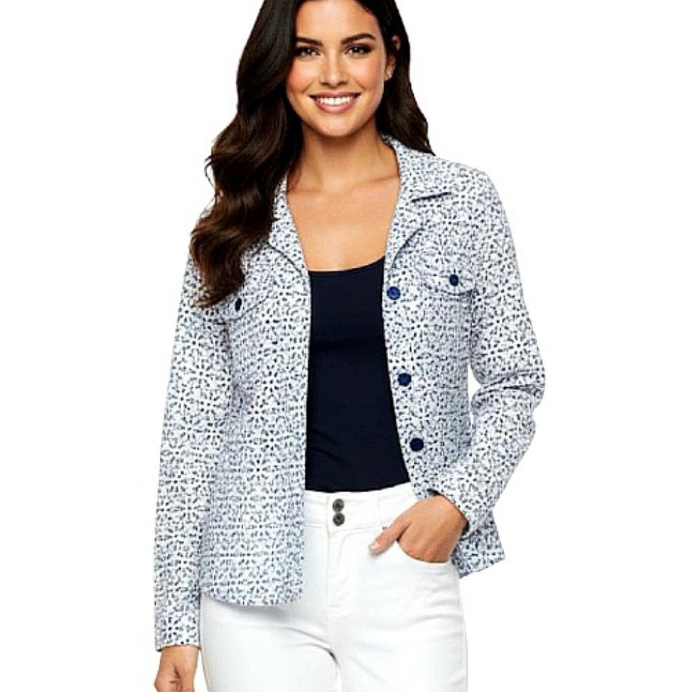 Baxter & Wells Blue & White Eyelet Button Front Jacket Sz Med